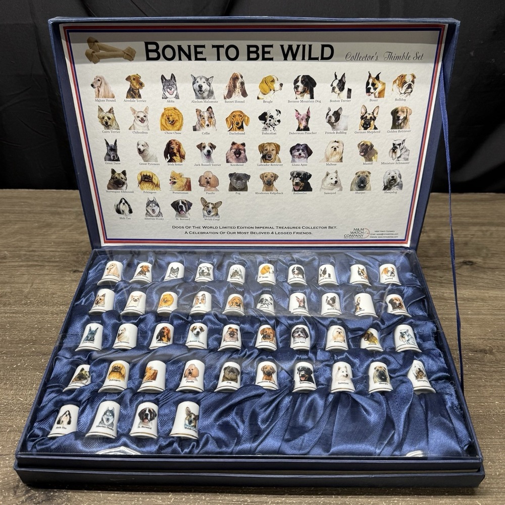 M&M Watch Co Bone to Be Wild Dog Collector Thimble Set Vintage Dogs of the World